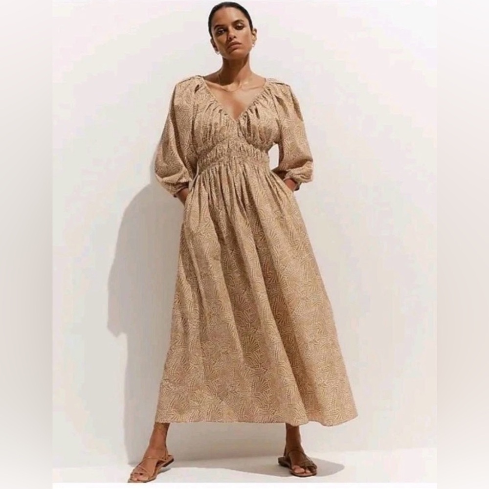 Madewell V-Neck Balloon-Sleeve Maxi Dress Women’s Size 2 Khaki Spiral Dot Print
